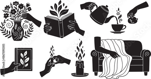 Hands holding various objects in black and white