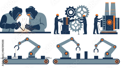 A sophisticated industrial illustration set focusing on the intersection of human craftsmanship and robotic automation in the modern manufacturing sector