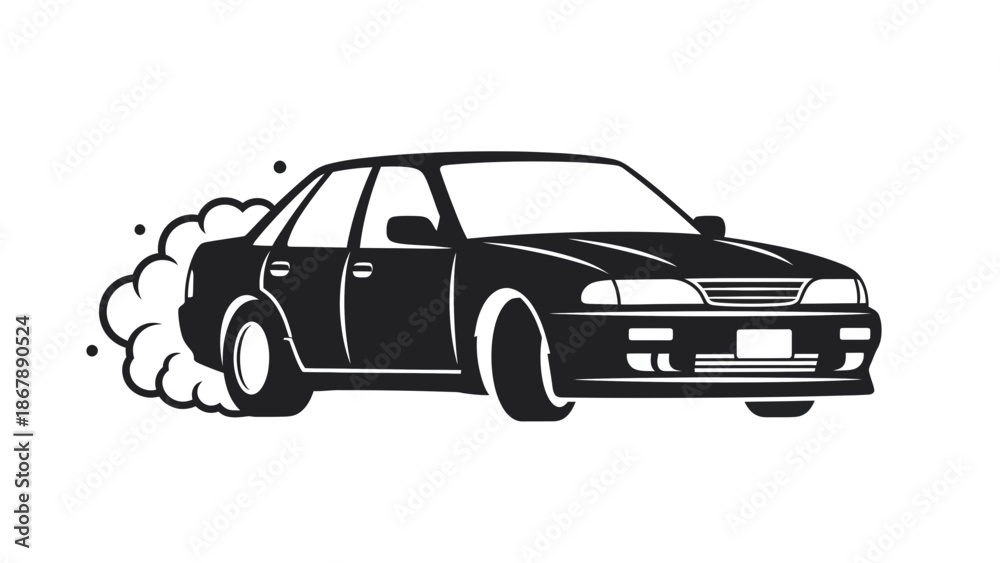 Naklejka premium A High-Octane Black and White Vector Illustration of a JDM Sports Sedan Performing a High-Speed Drift with Dramatic Tire Smoke Emphasizing Automotive Performance, Street Racing Culture