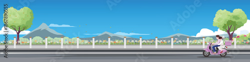 Happy newlywed couple riding a motorcycle on a road through a park. Bride and groom in wedding attire driving with mountain and blue sky background. Just married and honeymoon vector illustration.