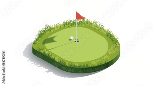 Isometric illustration of a golf putting green with a ball, flagstick, and hole on a white background.