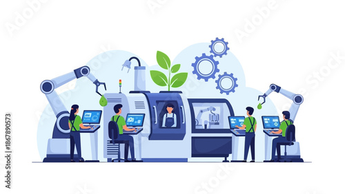 Modern Sustainable Smart Factory Concept Featuring Automated Robotic Arms and Professional Technicians Working on Advanced Computer Systems in a Green Industrial Environment