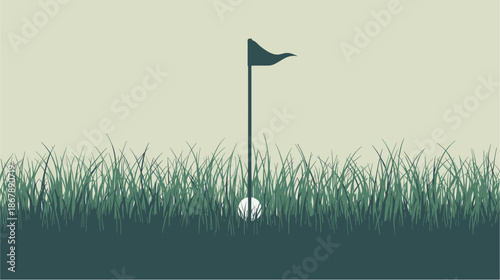 A golf ball and flagstick are partially hidden in tall green grass on a golf course.