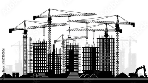 The Silhouette of Urban Progress: A High-Contrast Industrial Illustration Featuring Tower Cranes and Rising Skyscrapers under Development in a Modern Metropolis