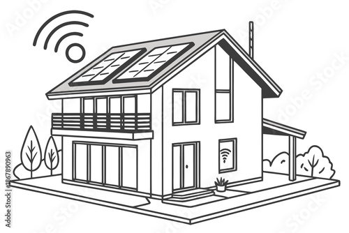 3D vector illustration of a modern residential house architecture project featuring a real estate building design with a detailed roof window and door sketch