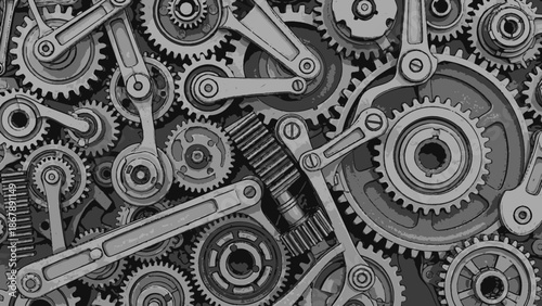The Aesthetics of Mechanical Complexity: A Detailed Monochromatic Illustration of Interlocking Gear Systems, Industrial Engineering Precision, and Modern Technical Design Elements