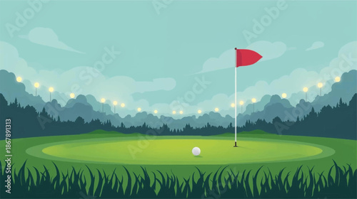 A cartoon illustration of a golf course green with a white ball, red flag, and string lights in the background.