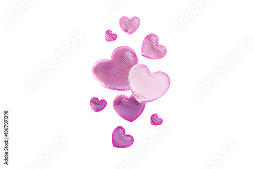 Floating pink and purple scribbled hearts background isolated on black