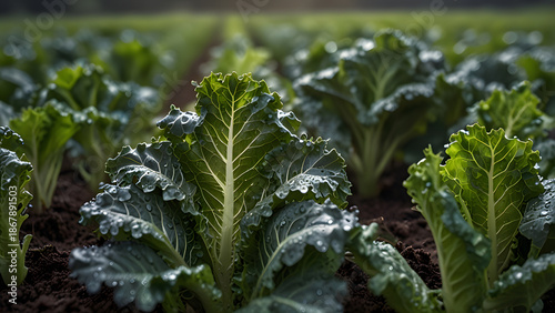 Organic green lettuce plants grow in fertile soil field under natural sunlight. Agriculture concept
