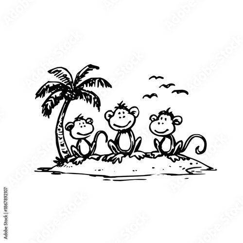 Three Monkeys Sitting Under Palm Tree on Island