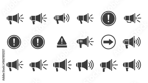 Megaphone line art icons set on white background, loudspeaker symbols, warning signs, and exclamation marks in simple design