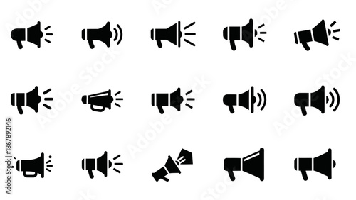 Collection of megaphone line art icons on a white background