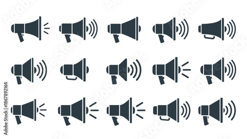 A collection of megaphone icons in line art style on a white background