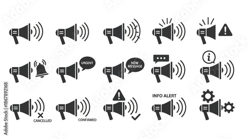 A set of line art megaphone icons representing various actions and notifications in a minimalist style