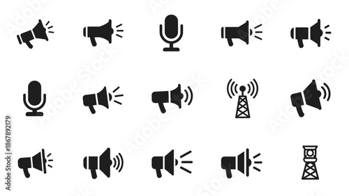 A collection of megaphone and microphone line art icons representing communication and announcement tools.
