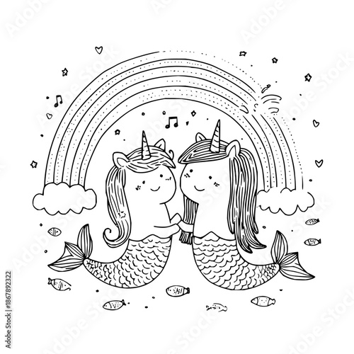 Mermaid Unicorn Friends under Rainbow