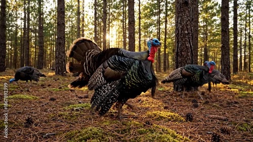 A group of wild turkeys stand in a forest clearing, sunlit pines in the background