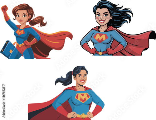 Strong Female Superhero Character Set in Blue Costumes with Red Capes for Empowering Mother's Day Graphics and Inspirational Comic Style Branding Vector Illustrations