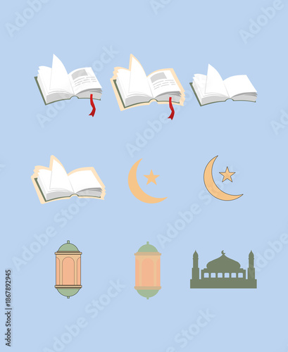 Islamic Decorative Element Set Featuring Open Quran Books Crescent Moon Lanterns and Mosque Silhouette