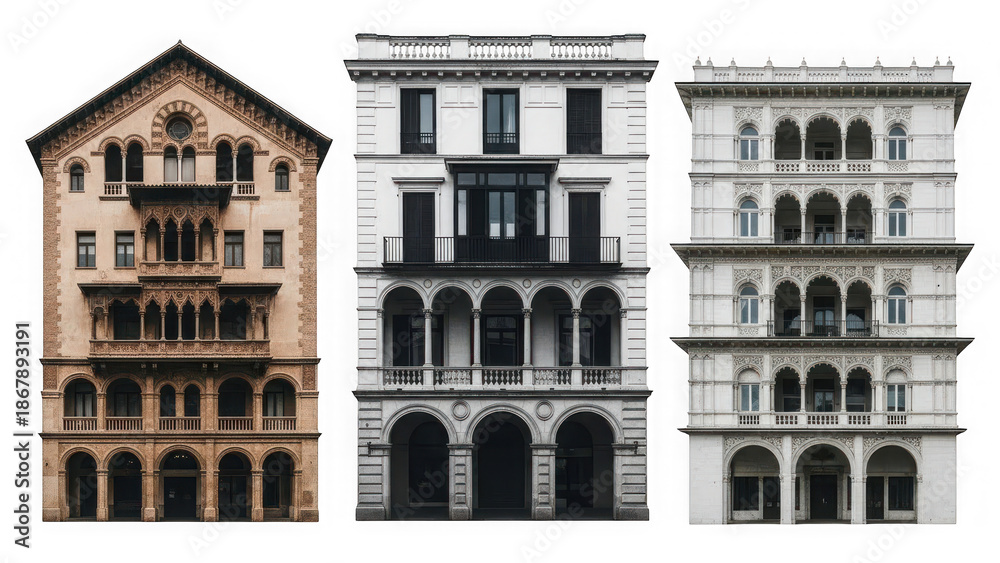 Obraz premium Three ornate buildings with arched windows isolated on transparent background