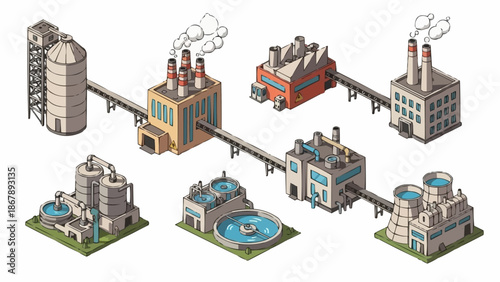 Industrial Factory Buildings Connected by Pipelines Isometric View.
