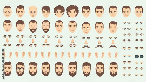 Collection of diverse male faces and facial features for character creation.