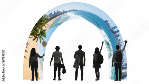 Diverse group of people silhouetted against a vibrant tropical archway.