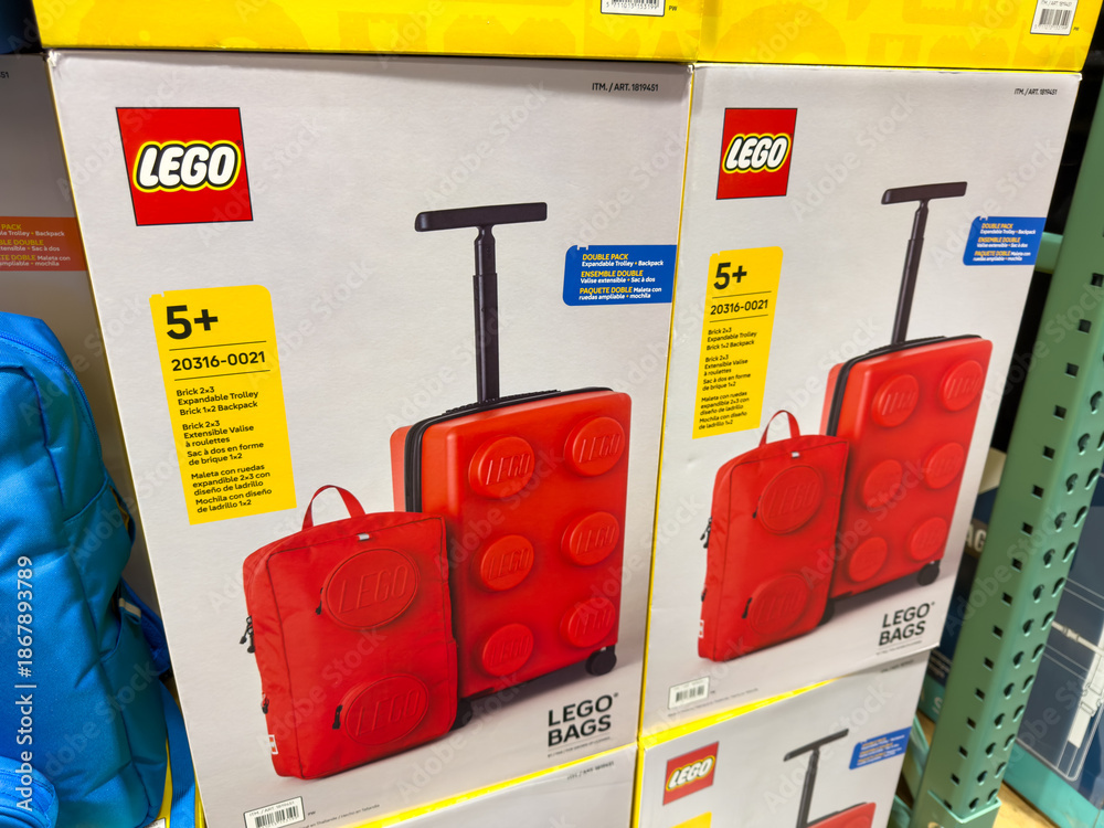 Fototapeta premium LEGO Rolling Suitcase Backpack Kids Travel Bag Costco Retail Display