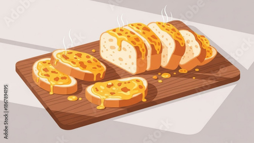 Toasted bread slices with melted cheese on a wooden cutting board with food and breakfast and snack and cheesy bread and cuisine with lunch