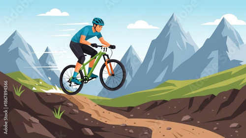 Man riding mountain bike down rocky trail with mountains in background with biking and cycling and outdoor and adventure and sport with path