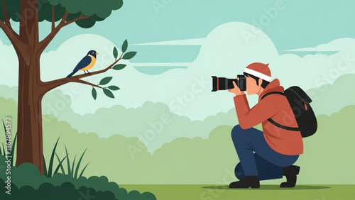 A man in an orange jacket and red hat crouches to photograph a blue and yellow bird perched on a tree branch in a lush green with nature