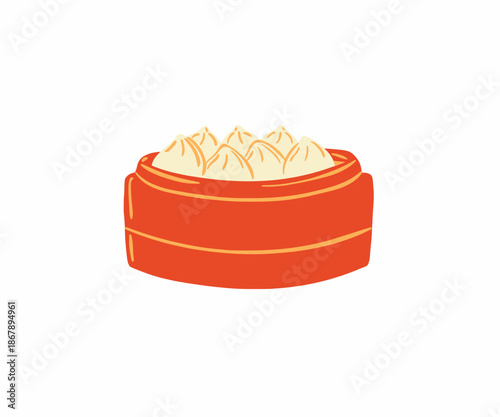 Illustration of traditional Chinese dim sum in a bamboo steamer basket