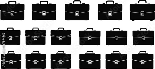 Black briefcase icon set, secure business portfolio collection, modern flat design symbols, office work, finance, legal, technology concepts
