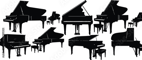 Grand piano silhouettes collection, classical music instruments illustration, black concert pianos set, elegant musical design elements isolated