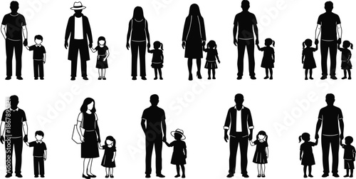 Family silhouettes of parents and children walking together showing love care bonding lifestyle concept flat vector illustration people icons design