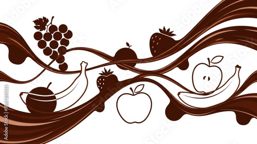 Brown wavy lines with various fruits on white background with healthy and food and fresh and illustration and graphic and design with apples