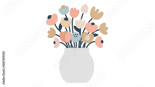A beautiful bouquet of colorful flowers in a white vase on a plain background with soft peach pink blue and beige petals and dark with stems