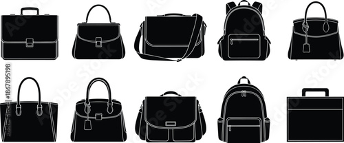 Luxury handbag and backpack icon set, black silhouette fashion bags collection, briefcase tote backpack shoulder bag vector illustration