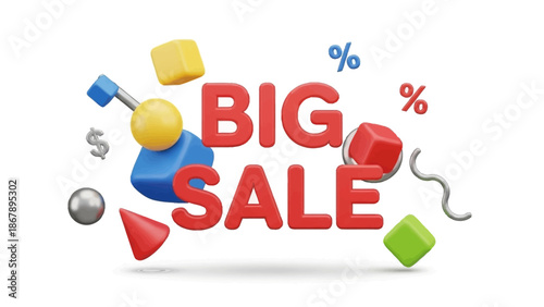 Vibrant 3D 'Big Sale' Text with Dynamic Geometric Shapes - Eye-Catching Promotional Design for Discounts and Special Offers