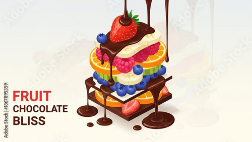 A vibrant stacked dessert of fresh fruits smothered in rich chocolate sauce on a decorative chocolate base with sweet and delicious with yum