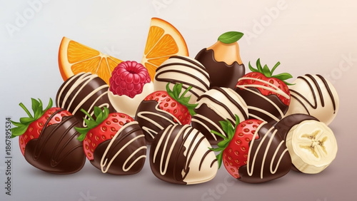 A vibrant assortment of fresh fruit smothered in rich chocolate and white chocolate with decorative drizzles on top with chocolate