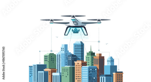 A drone with AI scans a city skyline connected by dotted lines to buildings