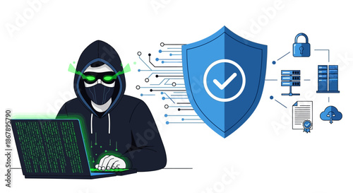 A hacker in a hoodie types on a laptop linked to a security shield
