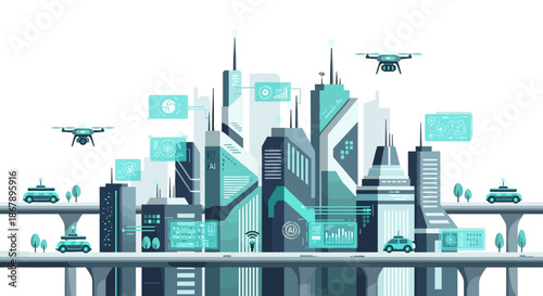 AI future city turquoise drones selfdriving vehicles  sleek skyscrapers
