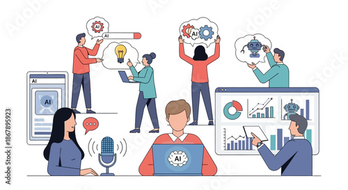 AI team people using computers tablets microphone with AI robot charts