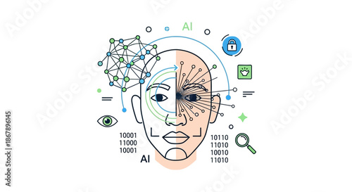 Digital AI Half human face half data with binary code lock crown and magnifying glass icons