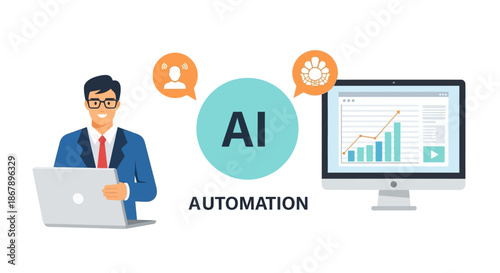 Person laptop AI and computer with graph automation