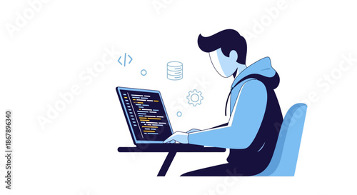 Programmer at laptop with code Database settings icons float beside him Light blue hues