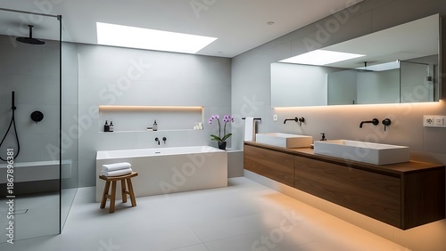 Modern bathroom design featuring clean lines, natural light, and wood accents