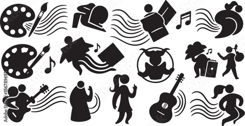 Creative Arts and Music Icon Set Silhouette Vector Graphics